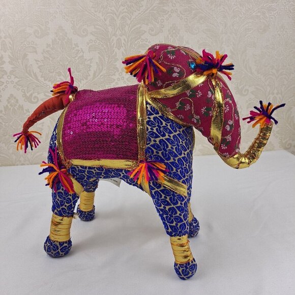 Pair of Fabric Elephants Free Standing Pink Orange Gold Sequins  Beads Tassels - Picture 3 of 15